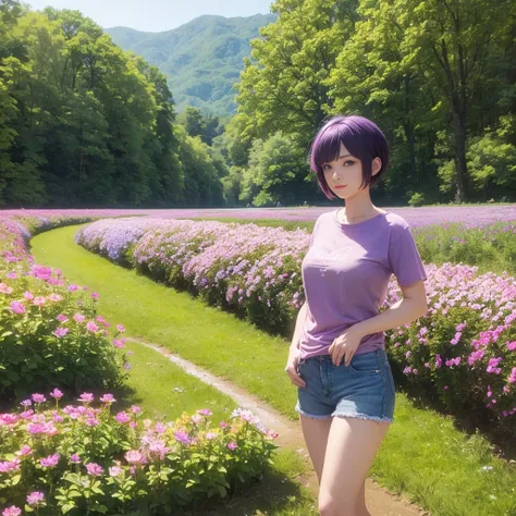 A beautiful woman with short purple hair, purple eyes, wearing a light brown t-shirt and shorts, standing in a stream. Behind her is a field of flowers, a large forest and mountains.