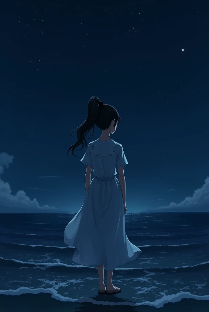 The sea late at night，Wearing a high ponytail，A secondary high school girl in a white dress