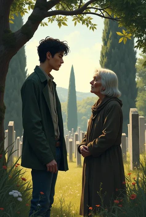 Fernando in the cemetery talking to an old woman