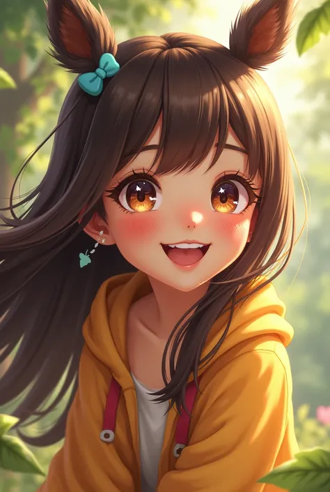 A cheerful girl with a bright smile, cheerful, confident, curious, likes to play and tease like a squirrel. Her long dark brown hair and sparkling star-like eyes. 