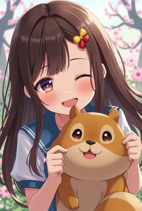 A cheerful girl with a bright smile, cheerful, confident, curious, likes to play and tease like a squirrel. Her long dark brown hair and sparkling star-like eyes. 