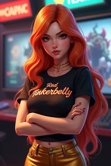 A young woman with long orange-red hair , with brown eyes,  with arms crossed , with a black blouse with red Tinkerbelly written on it, gold laner , with panel behind games written Team Chaos , in the middle of the games room.