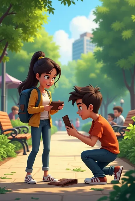 Frame 1:
- Setting:Isang park na may mga kabataan.
- Character 1 (Yes Ana): (Found a wallet on the ground) "Yes, may wallet dito!"
- Character 2 (Si Ben): "Tignan natin kung magkano laman!"
  