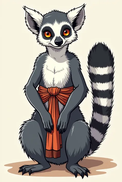  female lemur, ancient Greek clothes, white chest, grey and black body, fluffy, long striped white and black tail, colored line art