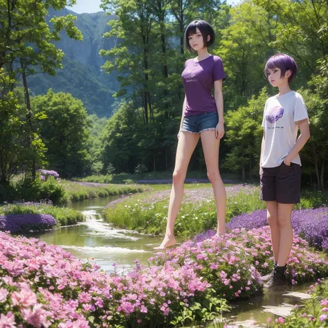 A beautiful woman with short purple hair, purple eyes, wearing a light brown t-shirt and shorts, standing in a stream. Behind her is a field of flowers, a large forest and mountains.