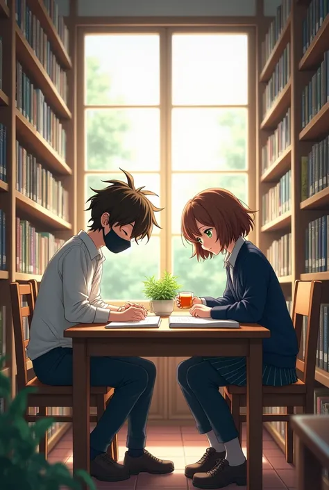 A boy and a girl studying in an anime library - the boy with a black mask and brown hair and the girl with short brown hair and different eyes, one emerald green and another brown - teenagers in Japanese school clothes  
