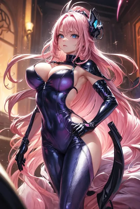 The image is a high-resolution stylized portrait of a woman with long, flowing pink hair.  She wore a sparkly, form-fitting pink, sleek latex outfit, which included a high-necked sleeveless top, unzipped front, long gloves and boots.  She has fair skin and...