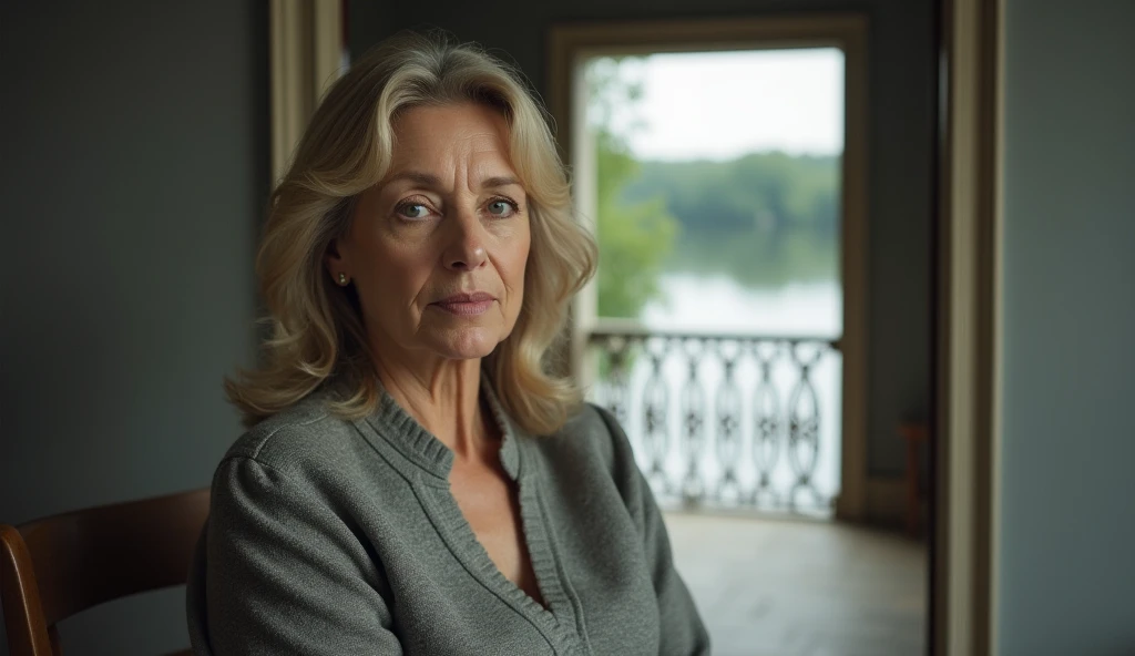 Velvet class, 40 year old lady, very wavy blonde hair, big prominent nose, full body, light gray eyes, no makeup, wearing modest clothes old money style, sitting in a gray room, with an open balcony overlooking a lake, time photo dates back to 1980