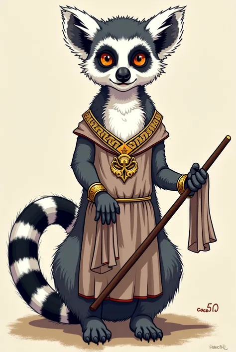  female lemur, ancient Greek clothes, white chest, grey and black body, fluffy, long striped white and black tail, colored line art