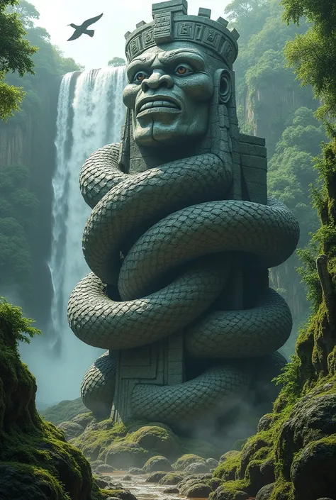 "A colossal serpent, a giant Jararaca, coils tightly around a towering statue with an Aztec human face, its piercing eyes fixed forward, ready to strike. The scene is set in a vast, lush green rainforest, damp and covered in thick moss. In the background, ...