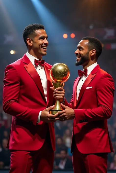 high quality, Ultra HD 8K, GABRIEL BARBOSA FLAMENGO PLAYER RECEIVING THE GOLDEN BALL AWARD FROM RONALDINHO GAUCHO ON STAGE, BOTH ARE DRESSED IN RED SUITS AND TIES, GABRIEL BARBOSA IS SMILING AND RONALDINHO GAÚCHO IS ALSO SMILING.