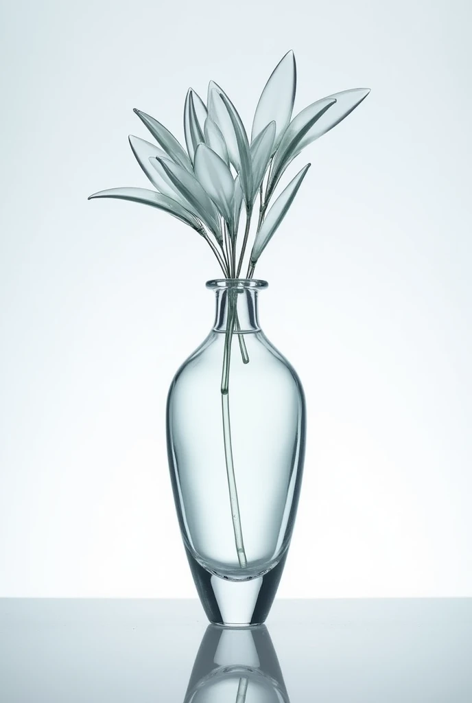 Create a tall, slender perfume bottle that looks like a cluster of flowers, entirely made of glass. No colors, completely transparent.