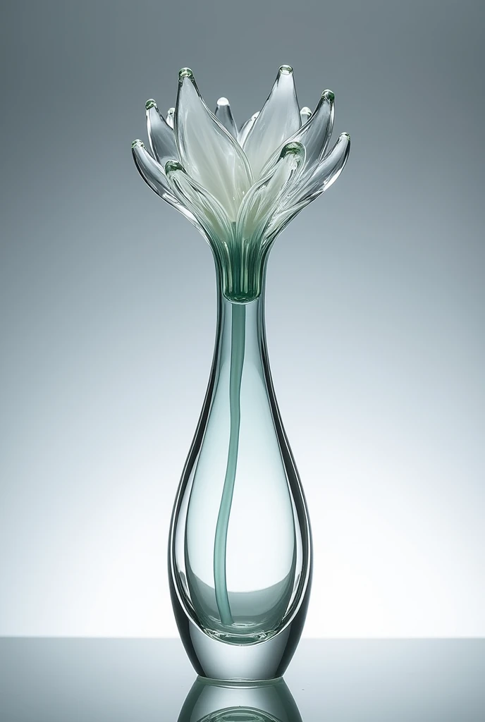 Create a tall, slender perfume bottle that looks like a cluster of flowers, entirely made of glass. No colors, completely transparent.