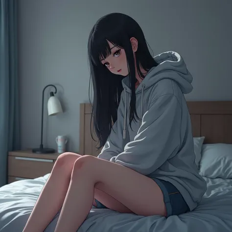 1girl, solo, sitting on bed, black hair, looking at left, hoodie, confused, shorts