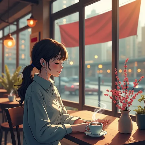 「A quiet night gently illuminated by the city lights、Time to heal yourself、A cafe with pleasant music、Warm coffee that feels good in your hand、A place full of smiles、A time to take care of yourself、The night when time stops、Your own story begins、This momen...