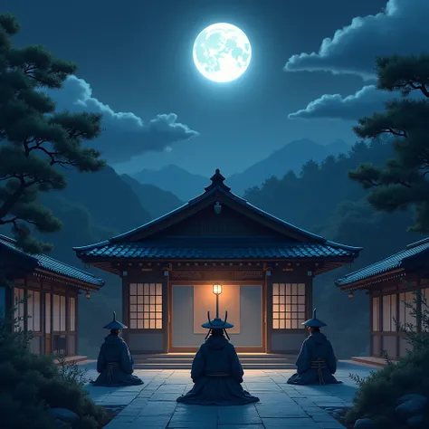 A samurai dojo at moon 🌙 night, blue sky