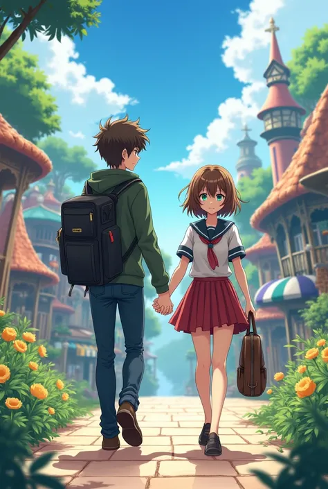 A boy and a girl walk hand in hand through an anime park - the boy with a black mask and brown hair and the girl with short brown hair and different eyes, emerald green and another brown , teenagers and school clothes
