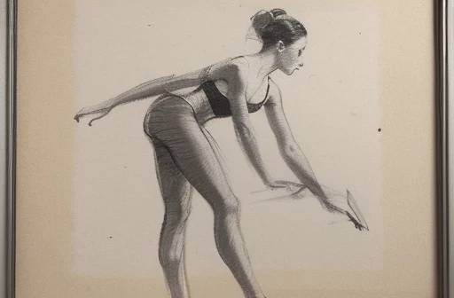 rough sketch, charcoal drawing, Faded charcoal lines in black and white, ancient old yellow paper, A painting in the style of the painter Edgar Degas , unclear line,  painter  sign, 1 ballet girl ,  Front view  camera , Ballet pose, standing pose, Front vi...