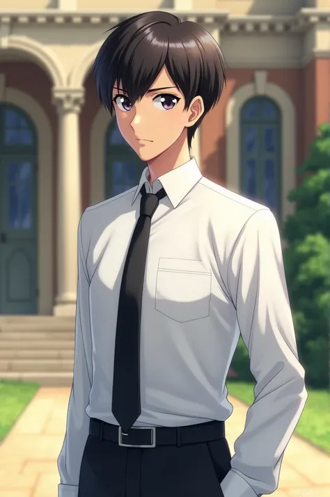 A prefect in school wearing white long-sleeved shirt and tie.