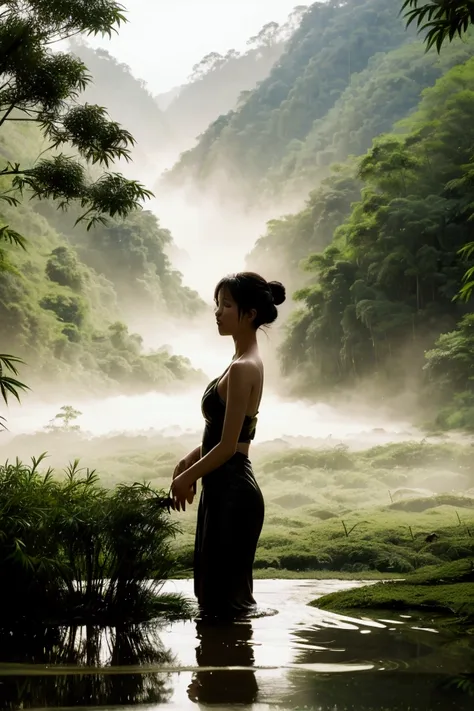 silhouette of a young woman taking a bath, with a river flowing through a quiet valley, bamboo forests and mist rising into the ...