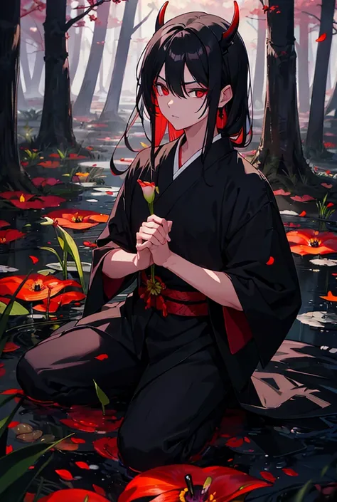 Demon in samurai suit and black and dark rose petals around him with red eyes messy black hair with beautiful but young calla lily in a forest 