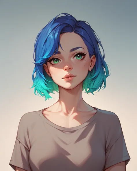 blue hair,green eyes,medium hair,gradient hair