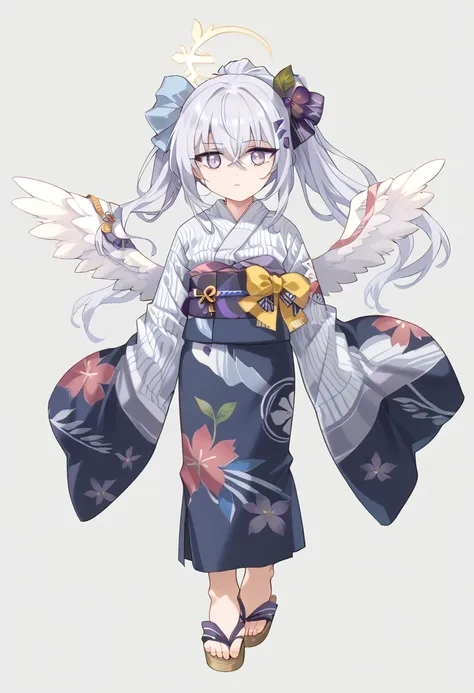 azusa (blue archive),   1girl alternate_costume angel angel_wings blue_kimono character_name full_body grey_hair halo japanese_clothes kimono long_hair ponytail purple_eyes sandals solo standing white_background wings yukata zouri upper_body masterpiece, b...