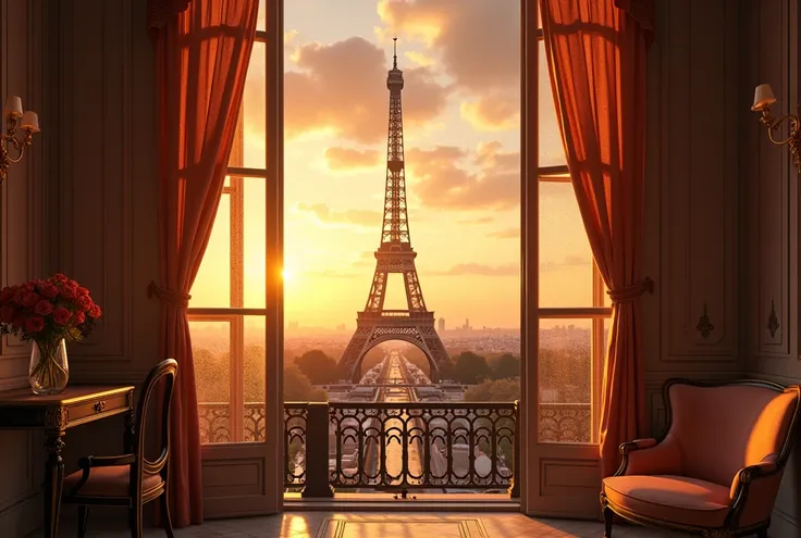 a beautiful detailed paris scene in hotel, a dazzling eiffel tower under the golden hour lighting, nostalgic vintage atmosphere, detailed clouds, cinematic lighting, photorealistic, 8k, masterpiece