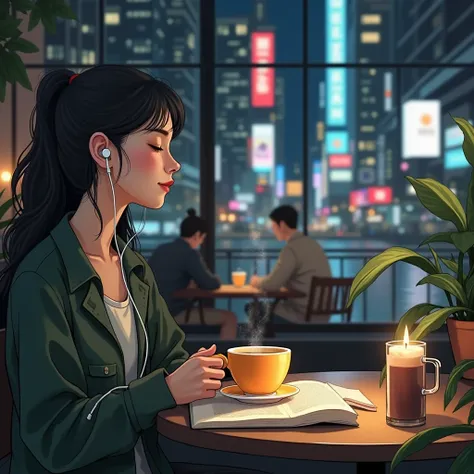 「A quiet night gently illuminated by the city lights、Time to heal yourself、A cafe with pleasant music、Warm coffee that feels good in your hand、A place full of smiles、A time to take care of yourself、The night when time stops、Your own story begins、This momen...