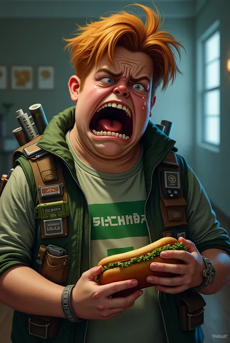 Overweight teen age guy with slightly ginger hair. Wearing a gadget vest over a Minecraft shirt (which is visible under the vest). Holding an asthma, inhaler, and subway sandwich. And he’s crying super hard