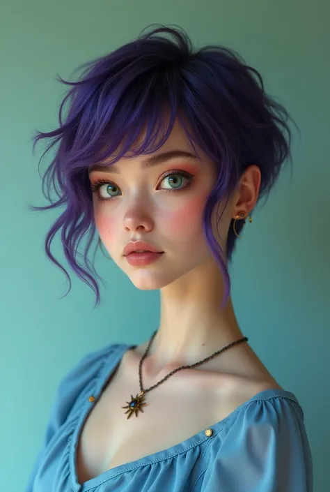 Witch with dark purple Pixie cut hair wearing a cute light blue dress and a sun necklace around her neck, in the mouth there are hoop piercings on each side, greenish brown eyes. 