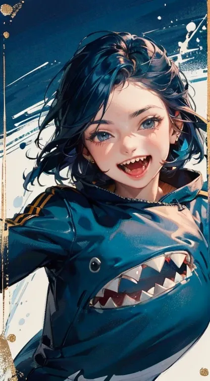 masterpiece, ultra high quality:1.5, ((best quality)), (1 girl(20years old) (wearing a shark costume)), ((8k)), ((blue hair(long), (messy))), face focus, blue eyes, looking at viewer, laughing,  (gold teeth):3.0