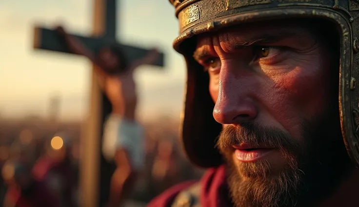 close-up face of a Roman soldier, in the background focused face of Jesus being crucified close-up of the soldier man, the soldiers eyes are burning. 4k detailed photorealistic image