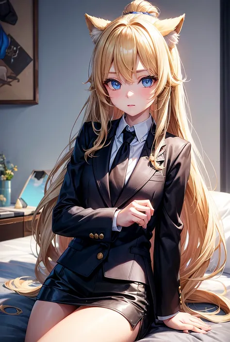 A girl with long hair, blonde, blue eyes, cute face and animal ears, buns but no tail, in a black sports jacket, with a small chest, a streamer, sits in her room, plays games and chats with subscribers more dynamicsin a more realistic style