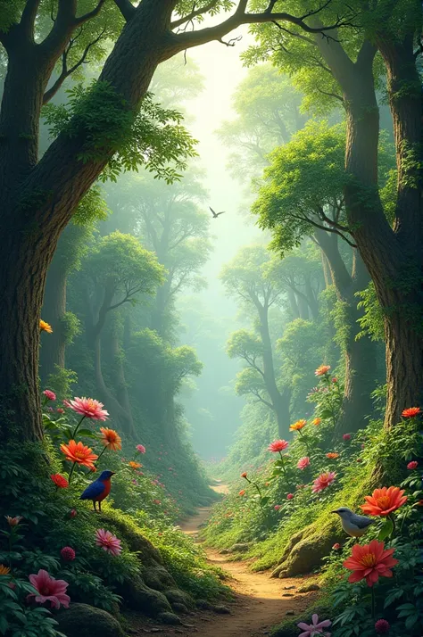 A split-page image showing a lush, green forest with towering trees and colorful flowers on one side (Plant Kingdom) and a bustling animal habitat with various animals (like birds, mammals, and insects) on the other side (Animal Kingdom).