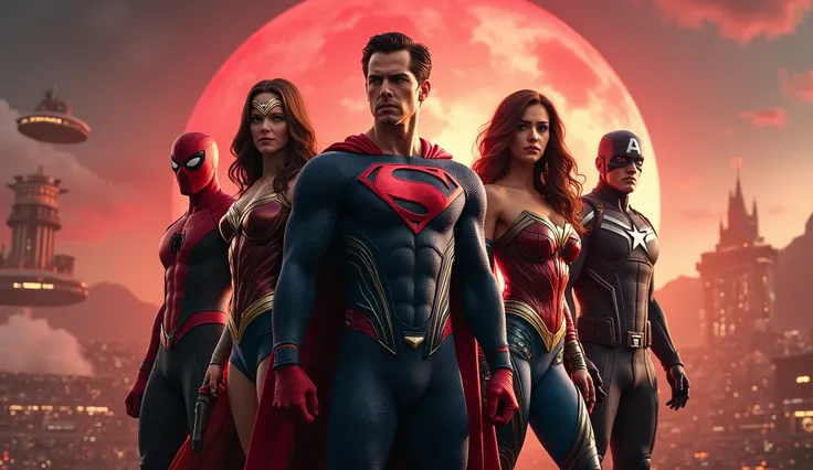 6 hyperrealistic superheroes, <xml><input>spiderman</input></xml>, supergirls, Venom, Wonder woman, Deadpool, and captain america. Background of the planet krypton. display intricate and highly realistic details.