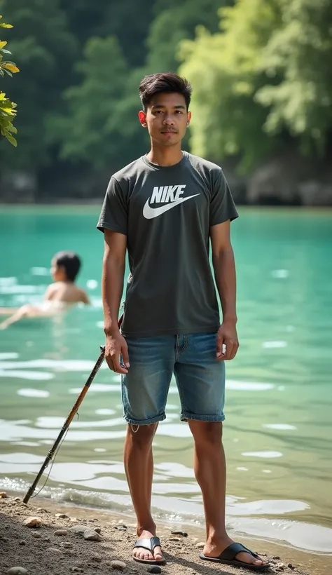 A 30 year old white skinned Indonesian youth. wearing a nike t-shirt and jeans shorts looking at the camera like a professional model. Wearing sandals while holding a fishing rod on the river bank accompanied by a beautiful woman swimming in the river. rea...