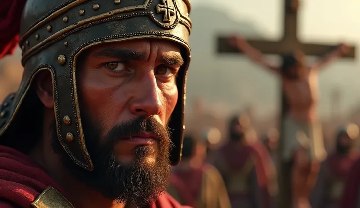 close-up face of a Roman soldier, in the background focused face of Jesus being crucified close-up of the soldier man, the soldiers eyes are burning. 4k detailed photorealistic image