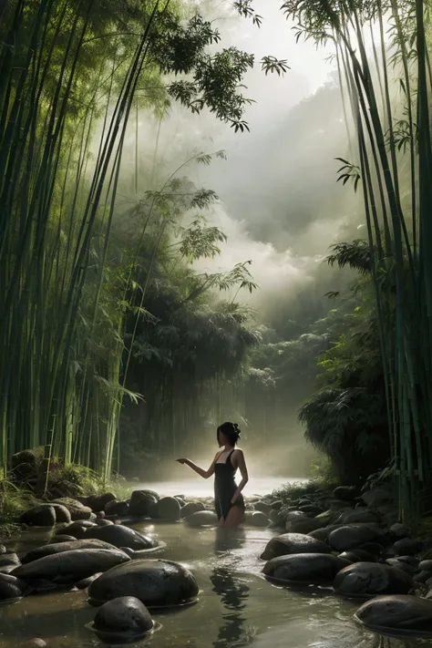 silhouette of a young woman taking a bath, with a river flowing through a quiet valley, bamboo forests and mist rising into the ...