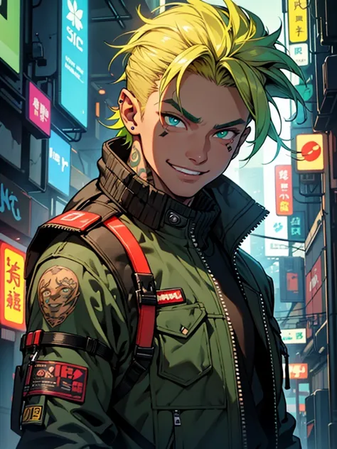 Age 15、Cyberpunk、Brown skin、Two Block、Very short hair、Slicked back、Multicolored Hair、Green Hair、Blonde、Big Eyes、(Thick lips)、jacket、Cargo pants、(One Boy)、Fluorescent tattoos、Face close-up、(round face)、smile、Droopy eyes