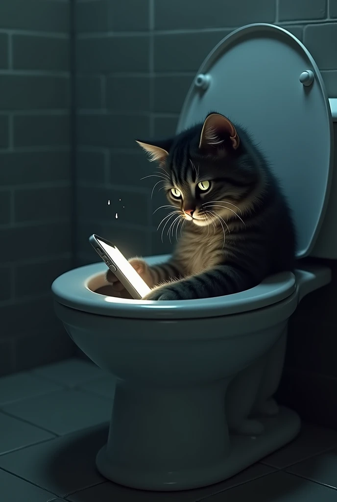 Sad cat carrying for his phone drops toilet 