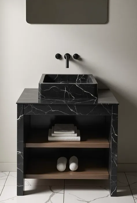 Small Bathroom vanity black marble basin with open bottom marble shelf. Enclosed front and sides.