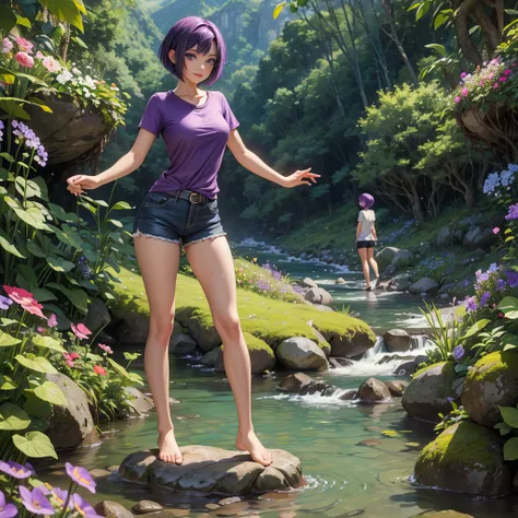 A beautiful woman with short purple hair, purple eyes, wearing a light brown T-shirt and shorts, with beautiful slender legs, standing in a stream with her feet in the water, with rocks, behind her is a field of flowers, a large vine forest and mountains.