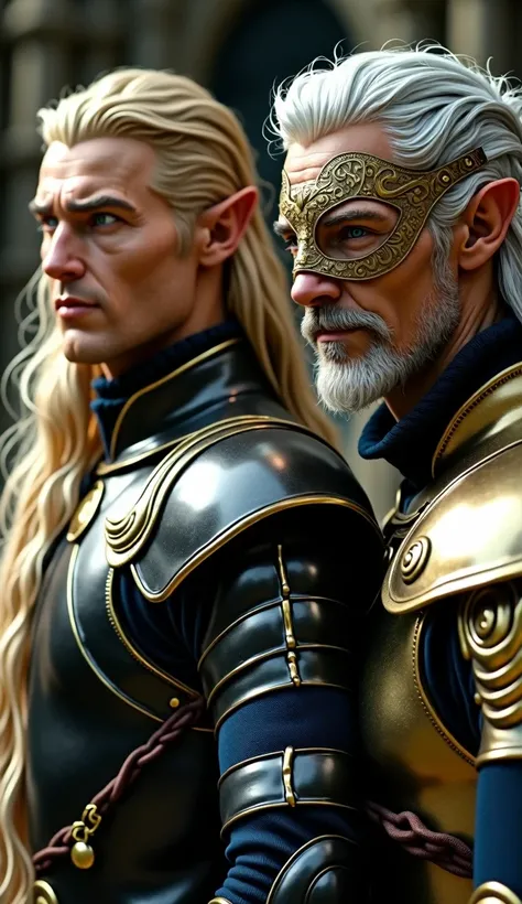 a male elf adult 1, wearing polished black leather armor and long blonde hair with silver eyes, a beret and a golden mask covering the entire right side of his face from forehead to jawline, he has a close trimmed beard, standing next to a slightly taller ...