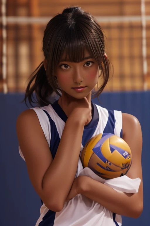 (((( one girl )))), Put your hand over your mouth、Beautiful breasts、 Brown eyes, ((Gal Hairstyles)) blonde, girl, (Eye and facial details:1.0), break, (masterpiece, Highest quality, Very detailed, Detailed face, 8k),( dark skin:2.05 ), (((( volleyball unif...