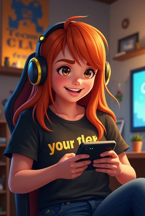 A young gamer with long hair, orange reds , with brown eyes,  smiling while playing on your cell phone , with a black shirt with your team written on the Gold Laner Tinkerbelly shirt , with a background in a gamer house and a flag saying Team Chaos .