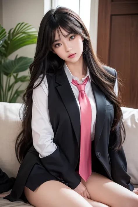 (masterpiece), (hyper-realistic), (detailed features), 1girl, solo, long hair, breasts, looking at viewer, blush, bangs, large breasts, shirt, black hair, long sleeves, bow, closed mouth, underwear, school uniform, standing, panties, jacket, full body, whi...