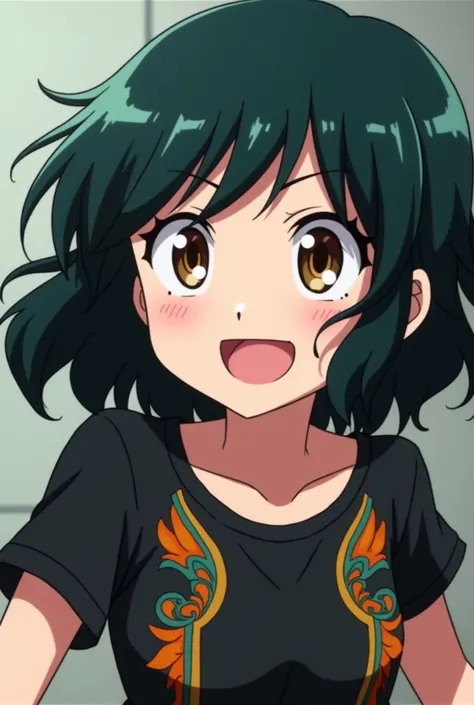 My Hero Academia screenshot. Girl with medium short black hair with long bangs. He has slanted brown eyes and a cheerful expression.. He is wearing a black t-shirt, with orange and green details