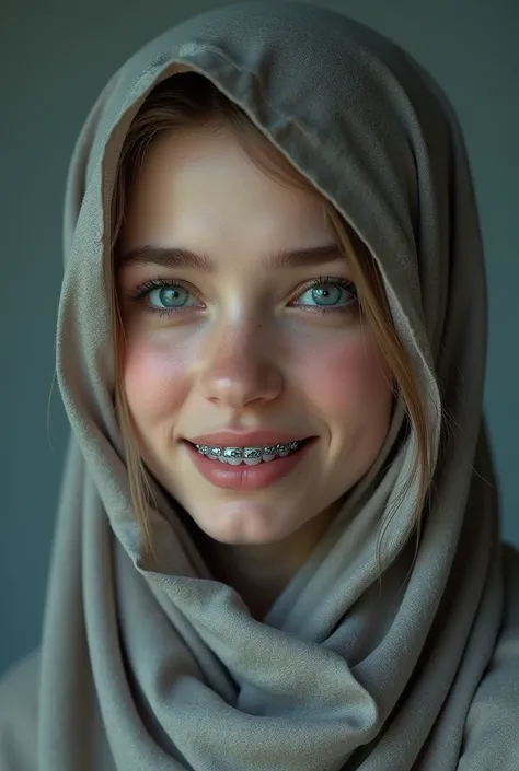 Russian woman with blue eyes wearing hijab and braces smiling with tear eyes