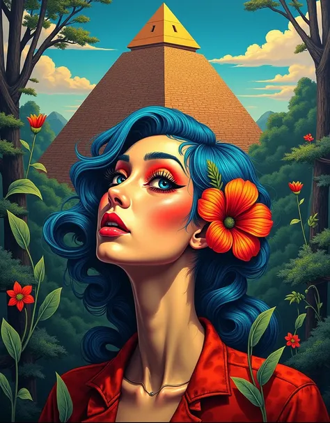 painting of a woman with a colorful face and a flower in her hair, AND A PYRAMID ON THE BACKGROUND A BEAUTIFUL FOREST ON THE SIDES and alien life inspired by Michael Parkes intricate and intense oil paint, by Noe Canjura, intricate oil painting artwork, ex...